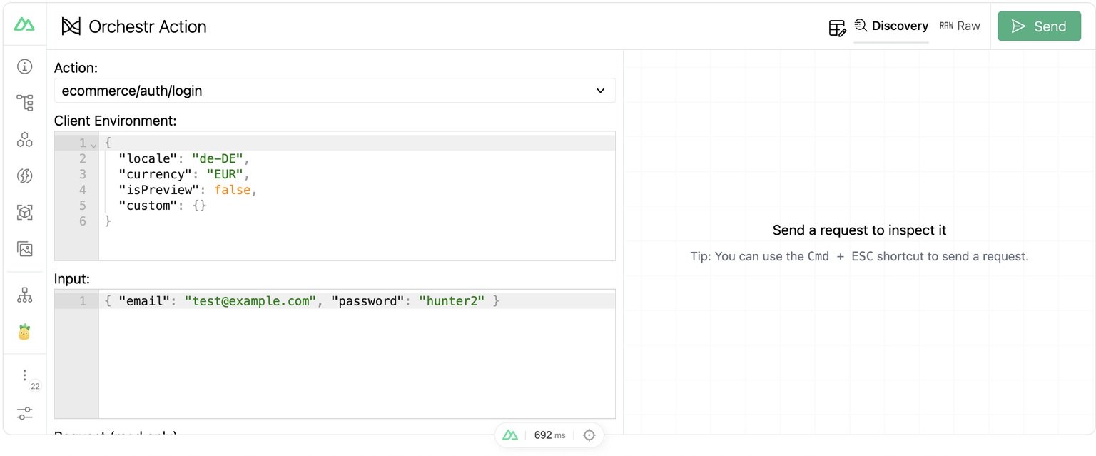 Orchestr Actions tab showing an action request form